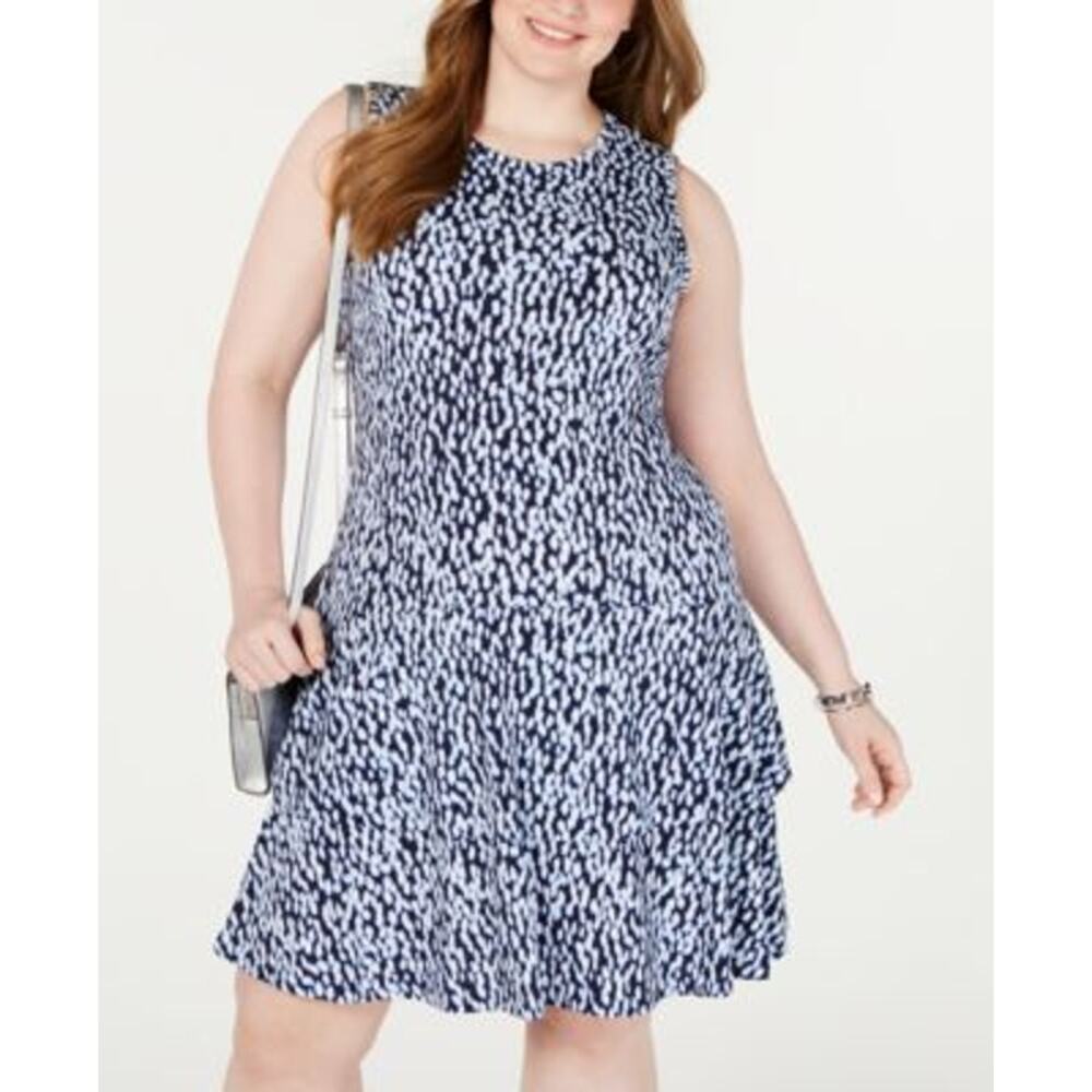 NWT Michael Michael Kors Women’s Ikat-Print Double-Flounce Dress Size‎ 1X Blue